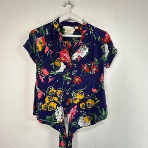 Maeve By Anthropologie Floral Button-Up Short Sleeve Tie-Front Shirt Size 4 Navy